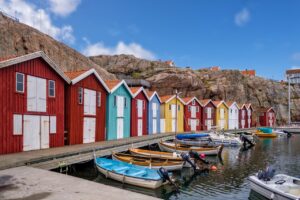 fisherman's hut, hut, house, woodhouse, nature, sweden house, boats, water, sea, lake, rock, stony, scandinavia